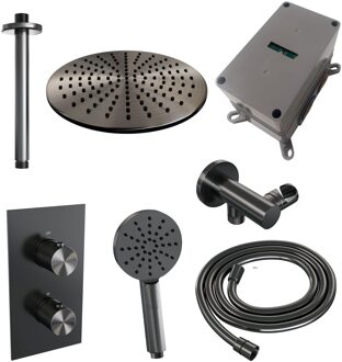 Brauer Regendoucheset Inbouw Brauer Gunmetal Carving Thermostatisch 30cm met 3-Weg Omstelling, Plafondarm en 3-Standen Handdouche Geborsteld Gunmetal