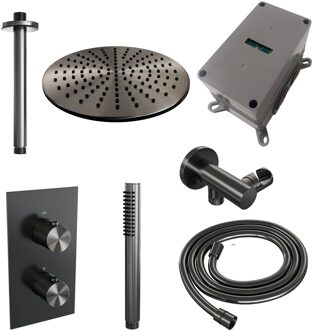 Brauer Regendoucheset Inbouw Brauer Gunmetal Carving Thermostatisch 30cm met 3-Weg Omstelling, Plafondarm en Staaf Handdouche Geborsteld Gunmetal