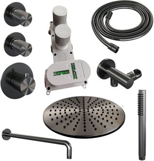 Brauer Regendoucheset Inbouw Brauer Gunmetal Carving Thermostatisch 30cm met Gebogen Wandarm en Handdouche Staaf Losse Stopkranen Geborsteld Gunmetal
