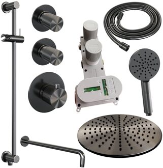 Brauer Regendoucheset Inbouw Brauer Gunmetal Carving Thermostatisch 30cm met Gebogen Wandarm, Glijstang en Handdouche 3-Standen Geborsteld Gunmetal