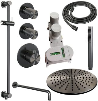 Brauer Regendoucheset Inbouw Brauer Gunmetal Carving Thermostatisch 30cm met Gebogen Wandarm Glijstang Handdouche Staaf Losse Stopkranen Geborsteld Gunmetal