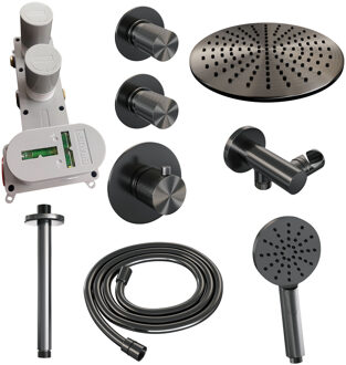 Brauer Regendoucheset Inbouw Brauer Gunmetal Carving Thermostatisch 30cm met Plafondarm en Handdouche 3-Standen Losse Stopkranen Geborsteld Gunmetal