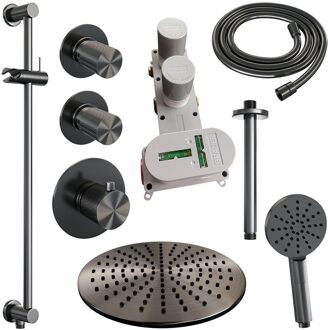 Brauer Regendoucheset Inbouw Brauer Gunmetal Carving Thermostatisch 30cm met Plafondarm, Glijstang en Handdouche 3-Standen Geborsteld Gunmetal