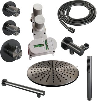 Brauer Regendoucheset Inbouw Brauer Gunmetal Carving Thermostatisch 30cm met Wandarm en Handdouche Staaf Losse Stopkranen Geborsteld Gunmetal