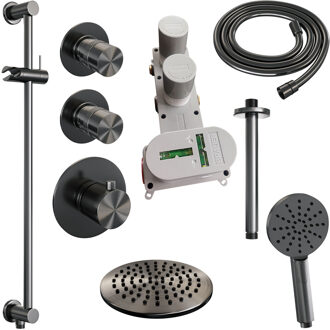 Brauer Regendoucheset Inbouw Brauer Gunmetal Edition Thermostatisch 20 cm met Plafondarm, Glijstang en Handdouche 3-Standen Losse Stopkranen Geborsteld