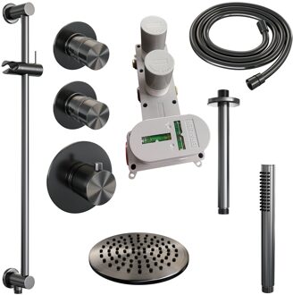 Brauer Regendoucheset Inbouw Brauer Gunmetal Edition Thermostatisch 20 cm met Plafondarm, Glijstang en Handdouche Staaf Losse Stopkranen Geborsteld Gunmetal
