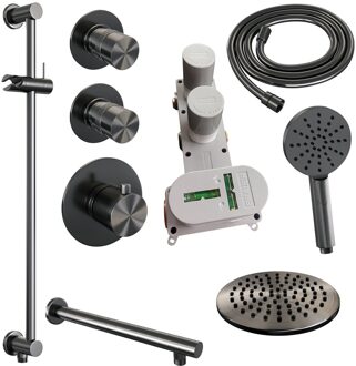 Brauer Regendoucheset Inbouw Brauer Gunmetal Edition Thermostatisch 20 cm met Wandarm, Glijstang en Handdouche 3-Standen Losse Stopkranen Geborsteld Gunmetal