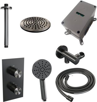 Brauer Regendoucheset Inbouw Brauer Gunmetal Edition Thermostatisch 20cm met 3-Weg Omstelling, Plafondarm en 3-Standen Handdouche Geborsteld Gunmetal