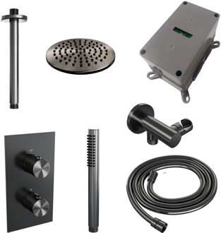 Brauer Regendoucheset Inbouw Brauer Gunmetal Edition Thermostatisch 20cm met 3-Weg Omstelling, Plafondarm en Staaf Handdouche Geborsteld Gunmetal