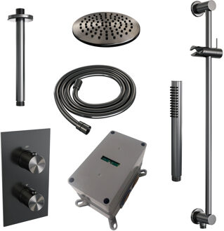 Brauer Regendoucheset Inbouw Brauer Gunmetal Edition Thermostatisch 20cm met 3-Weg Omstelling, Plafondarm, Glijstang en Staaf Handdouche Geborsteld Gunmetal