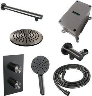 Brauer Regendoucheset Inbouw Brauer Gunmetal Edition Thermostatisch 20cm met 3-Weg Omstelling, Wandarm en 3-Standen Handdouche Geborsteld Gunmetal