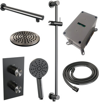 Brauer Regendoucheset Inbouw Brauer Gunmetal Edition Thermostatisch 20cm met 3-Weg Omstelling, Wandarm, Glijstang en Handdouche 3-Standen Geborsteld Gunmetal