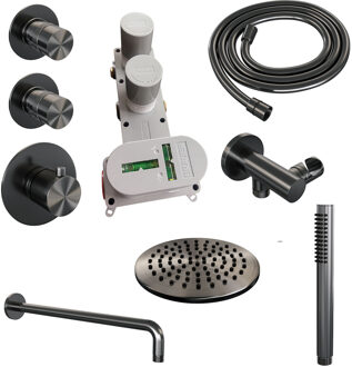 Brauer Regendoucheset Inbouw Brauer Gunmetal Edition Thermostatisch 20cm met Gebogen Wandarm en Handdouche Staaf Losse Stopkranen Geborsteld Gunmetal