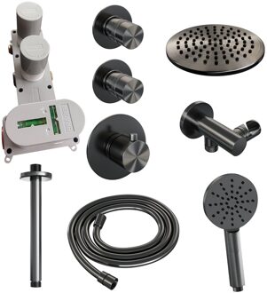 Brauer Regendoucheset Inbouw Brauer Gunmetal Edition Thermostatisch 20cm met Plafondarm en Handdouche 3-Standen Losse Stopkranen Geborsteld Gunmetal