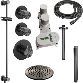 Brauer Regendoucheset Inbouw Brauer Gunmetal Edition Thermostatisch 20cm met Plafondarm, Glijstang en Handdouche Staaf Losse Stopkranen Geborsteld Gunmetal