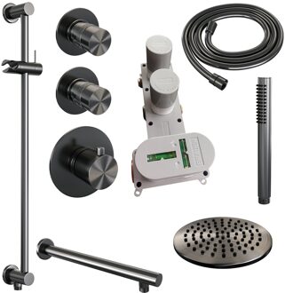 Brauer Regendoucheset Inbouw Brauer Gunmetal Edition Thermostatisch 20cm met Wandarm, Glijstang en Handdouche Staaf Losse Stopkranen Geborsteld Gunmetal