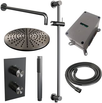 Brauer Regendoucheset Inbouw Brauer Gunmetal Edition Thermostatisch 30 cm met 3-Weg Omstelling, Gebogen Wandarm, Glijstang en Staaf Handdouche Geborsteld