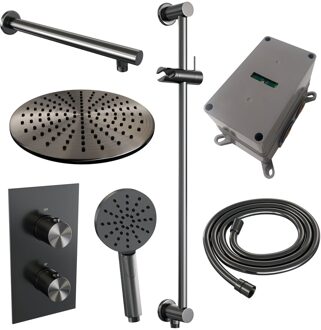 Brauer Regendoucheset Inbouw Brauer Gunmetal Edition Thermostatisch 30cm 3-Weg Omstelling Wandarm Glijstang en 3-Standen Handdouche Geborsteld Gunmetal