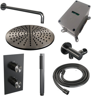 Brauer Regendoucheset Inbouw Brauer Gunmetal Edition Thermostatisch 30cm met 3-Weg Omstelling, Gebogen Wandarm en Staaf Handdouche Geborsteld Gunmetal