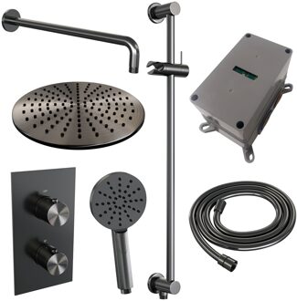 Brauer Regendoucheset Inbouw Brauer Gunmetal Edition Thermostatisch 30cm met 3-Weg Omstelling, Gebogen Wandarm, Glijstang en 3-Standen Handdouche Geborsteld Gunmetal