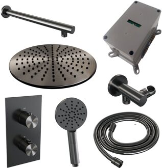 Brauer Regendoucheset Inbouw Brauer Gunmetal Edition Thermostatisch 30cm met 3-Weg Omstelling, Wandarm en 3-Standen Handdouche Geborsteld Gunmetal