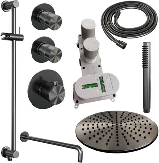 Brauer Regendoucheset Inbouw Brauer Gunmetal Edition Thermostatisch 30cm met Gebogen Wandarm, Glijstang en Handdouche Staaf Losse Stopkranen Geborsteld Gunmetal