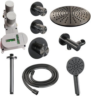 Brauer Regendoucheset Inbouw Brauer Gunmetal Edition Thermostatisch 30cm met Plafondarm en Handdouche 3-Standen Losse Stopkranen Geborsteld Gunmetal