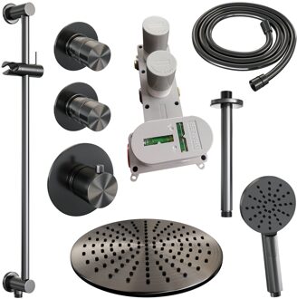 Brauer Regendoucheset Inbouw Brauer Gunmetal Edition Thermostatisch 30cm met Plafondarm, Glijstang en Handdouche 3-Standen Geborsteld Gunmetal