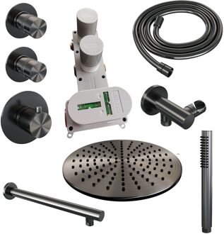 Brauer Regendoucheset Inbouw Brauer Gunmetal Edition Thermostatisch 30cm met Wandarm en Handdouche 3-Standen Losse Stopkranen Geborsteld Gunmetal