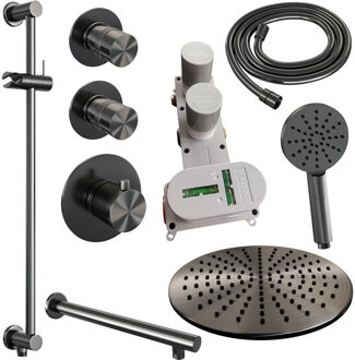 Brauer Regendoucheset Inbouw Brauer Gunmetal Edition Thermostatisch 30cm met Wandarm, Glijstang en Handdouche 3-Standen Losse Stopkranen Geborsteld Gunmetal