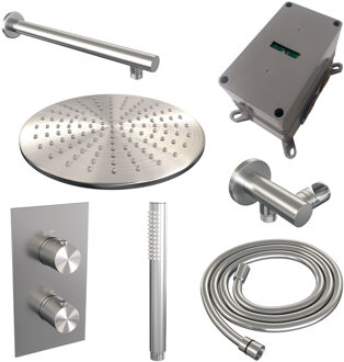 Brauer Regendoucheset Inbouw Brauer Shared Carving Thermostatisch 30cm met 3-Weg Omstelling, Wandarm en Staaf Handdouche Geborsteld RVS