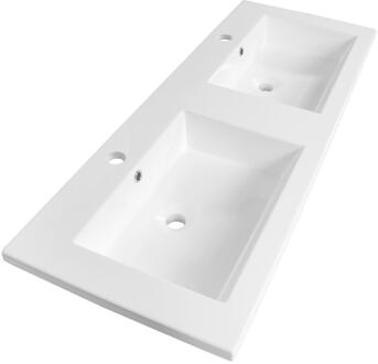 Brauer Solar Slim Wastafel - 120 cm - met 2 Spoelbakken en 2 Kraangaten - Mineraalmarmer Zijdeglans Wit