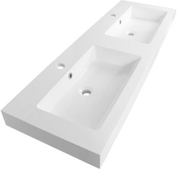 Brauer Solar Thick Wastafel - 140 cm - met 2 Spoelbakken en 2 Kraangaten - Mineraalmarmer Zijdeglans Wit