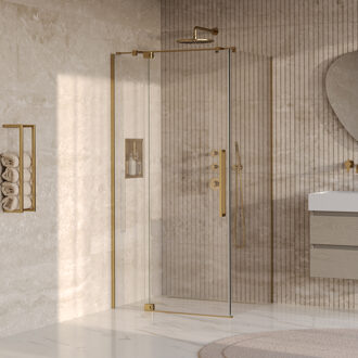 Brauer Stellar douchecabine met draaideur helder glas 100x100x200 omkeerbaar incl. glascoating PVD goud geborsteld