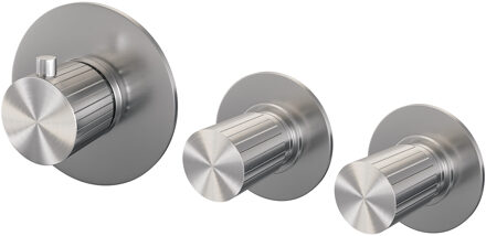 Brauer Stripe inbouwthermostaat en 2 stopkranen met in- en afbouwdelen RVS-kleurig geborsteld PVD