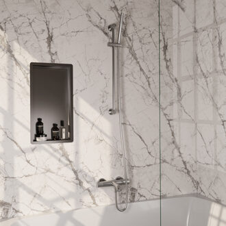 Brauer Stripe opbouw baddouche thermostaatkraan SET 01 met glijstang en staaf handdouche en doucheslang RVS-kleurig geborsteld PVD