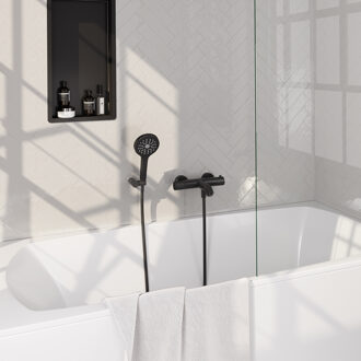 Brauer Stripe opbouw baddouche thermostaatkraan SET 04 met wandhouder en 3-standen handdouche en doucheslang mat zwart