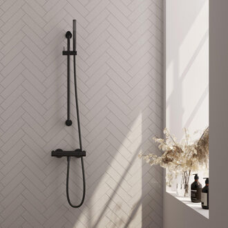 Brauer Stripe Opbouw Douche Thermostaatkraan - SET 01 - glijstang - staaf handdouche - doucheslang - mat zwart 5-S-345