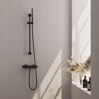 Brauer Stripe opbouw douche thermostaatkraan SET 01 met glijstang en staaf handdouche en doucheslang mat zwart