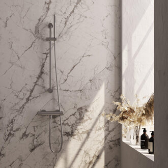 Brauer Stripe opbouw douche thermostaatkraan SET 01 met glijstang en staaf handdouche en doucheslang RVS-kleurig geborsteld PVD