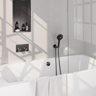 Brauer Stripe Thermostatische Badkraan - drukknoppen - SET 04 - inbouw - badvulcombinatie - 3-standen handdouche - doucheslang - wandaansluitbocht - gunmetal geborsteld PVD 5-GM-362 gunmetal (antraciet)