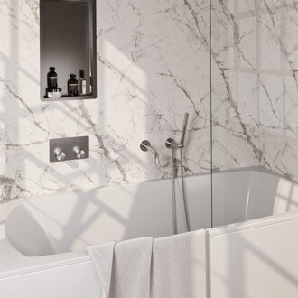 Brauer Stripe thermostatische inbouw badkraan met drukknoppen SET 03 met uitloop en staaf handdouche en doucheslang en wandaansluitbocht RVS-kleurig geborsteld PVD