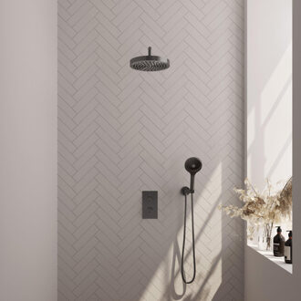 Brauer Stripe Thermostatische Inbouw Regendouche - 3-weg - rechthoekig - 25cm douchekop - gebogen muurarm - 3-standen handdouche - doucheslang - wandaansluitbocht - gunmetal geborsteld PVD 5-GM-397 gunmetal (antraciet)