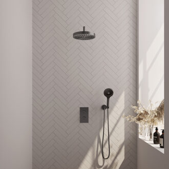 Brauer Stripe Thermostatische Inbouw Regendouche - 3-weg - rechthoekig - 25cm douchekop - gebogen muurarm - 3-standen handdouche - doucheslang - wandaansluitbocht - gunmetal geborsteld PVD 5-GM-397 gunmetal (antraciet)
