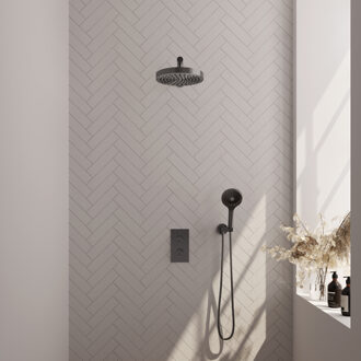 Brauer Stripe Thermostatische Inbouw Regendouche - 3-weg - rechthoekig - 25cm douchekop - rechte muurarm - 3-standen handdouche - doucheslang - wandaansluitbocht - gunmetal geborsteld PVD 5-GM-395 gunmetal (antraciet)