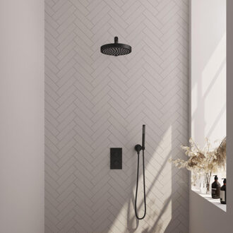 Brauer Stripe Thermostatische Inbouw Regendouche - 3-weg - rechthoekig - SET 13 - 25cm douchekop - rechte muurarm - staaf handdouche - doucheslang - wandaansluitbocht - mat zwart 5-S-389