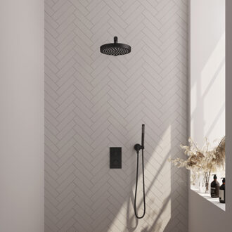 Brauer Stripe Thermostatische Inbouw Regendouche - 3-weg - rechthoekig - SET 13 - 25cm douchekop - rechte muurarm - staaf handdouche - doucheslang - wandaansluitbocht - mat zwart 5-S-389