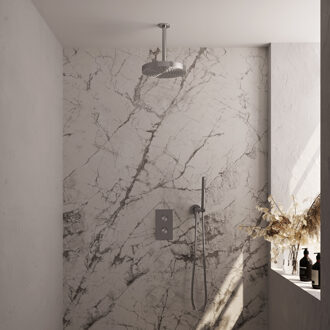 Brauer Stripe Thermostatische Inbouw Regendouche - 3-weg - rechthoekig - SET 15 - 25cm douchekop - plafondarm - staaf handdouche - doucheslang - wandaansluitbocht - RVS-kleurig geborsteld PVD 5-NG-393