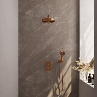 Brauer Stripe thermostatische inbouw regendouche 3-weg rechthoekig SET 16 met 25 cm douchekop en rechte muurarm en 3-standen handdouche en doucheslang en wandaansluitbocht koper geborsteld PVD