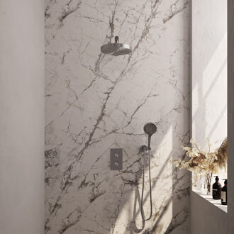 Brauer Stripe thermostatische inbouw regendouche 3-weg rechthoekig SET 16 met 25 cm douchekop en rechte muurarm en 3-standen handdouche en doucheslang en wandaansluitbocht RVS-kleurig geborsteld PVD